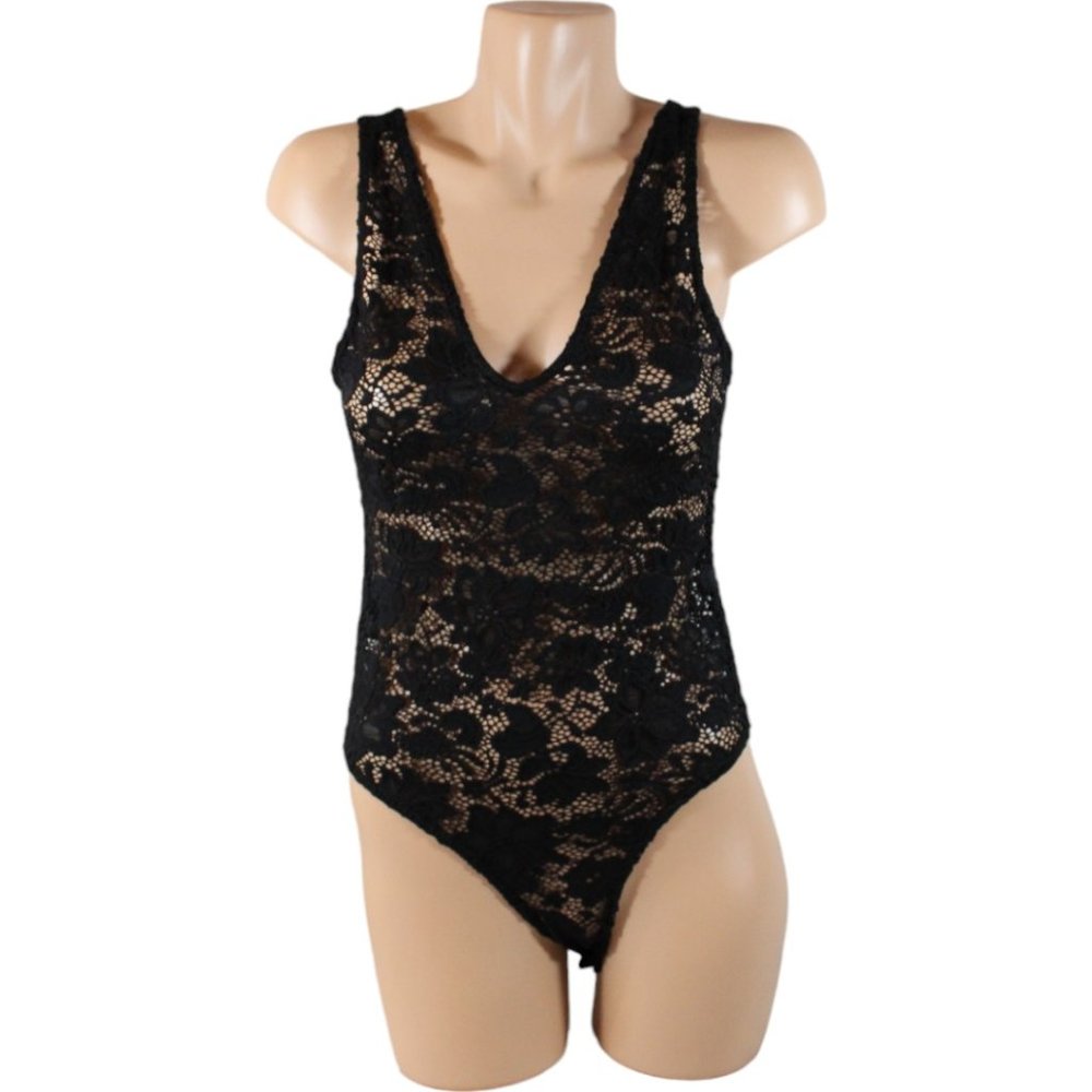 Zara Trafaluc Bodysuit Small Black V-Neck Open Weave Floral Snap Closure T79
